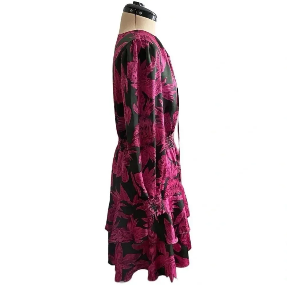 Sam Edelman Tropical Palm Mini Dress Smocked Waist Tiered Long Sleeve Pink Black